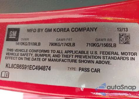 2014 Chevrolet Spark Ls Auto z USA, uszkodzony, nr VIN KL8CB6S91EC494874